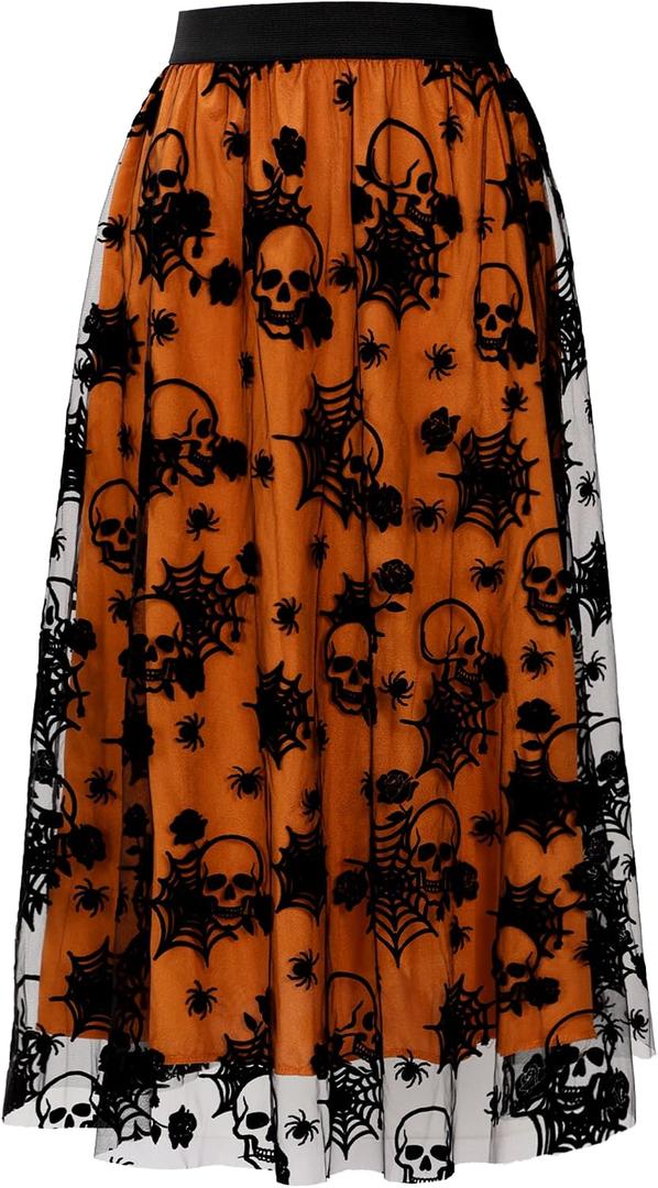 Halloween Tulle Skirt Women Pumpkin Elastic Waist Layered Mesh Midi Halloween Witch Skirt, L-XL Size