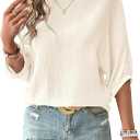 SOLY HUX Women's Summer Blouse Textured Bishop Half Sleeve Crewneck Dressy Casual Tops (Beige, L)