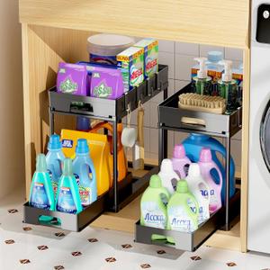 2 Pack Under Sink Organizers and Storage, Double Sliding Kitchen Bathroom Cabinet Organizer, 2 Tier Under Sink Storage for Kitchen Bathroom, Black Under Cabinet Organizer with Hooks