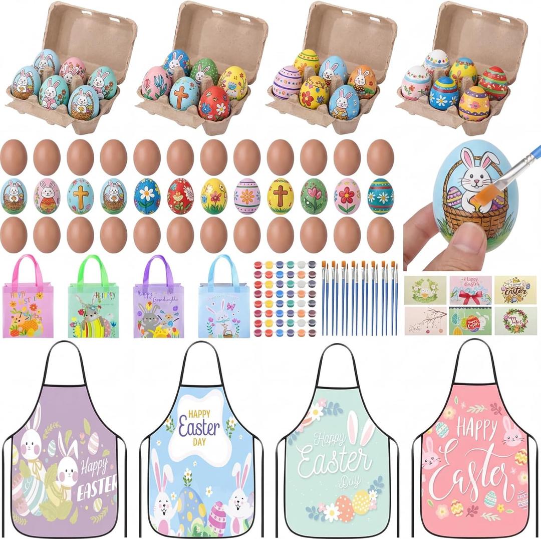 Novabright 54 Pcs Wooden Easter Egg DIY Painting Kit Bulk Wood Eggs with Cartons Aprons Paints Tote Bags Cards Easter Crafts Basket Stuffers Spring Party Favors Egg Decor Gifts(Brown)