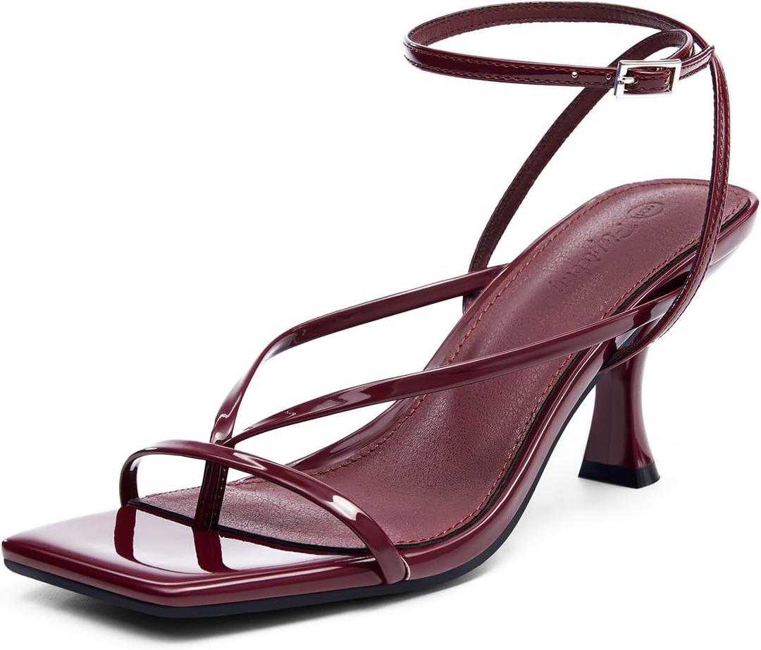 PiePieBuy Women's Lace Up Heeled Sandals Square Flip Flop High Heels Strappy Party Shoes (9.5, Wine Red)