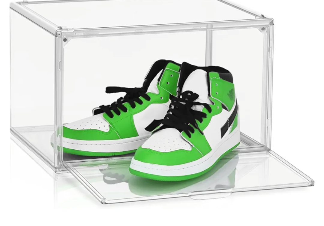 Size 14 Acrylic Sneaker Shoe Display Case, Transparent Shoe Box Storage Bins Clear Plastic Stackable Boot Handbag Organizer Containers with Lids for Shoes, Figure, Collectible, Purse, 1Pack