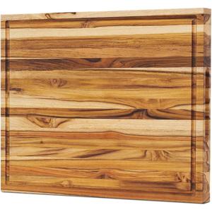 Teak Edge Grain Cutting Board 18x14x1.25", Deep Juice Groove & Side Handles
