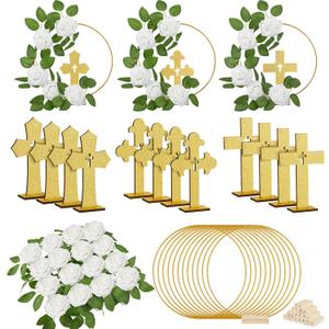 Wesiti 48 Pcs Baptism Centerpiece First Communion Table Decoration 12 Wood Cross 12 Floral Hoop with Stand 24 Foam Rose with Stem for Baptism Baby Shower Wedding(Gold and White,Classic)