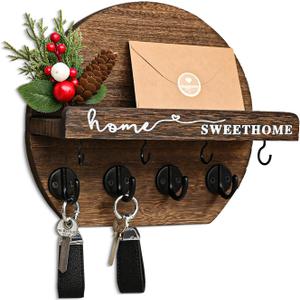 Key Holder for Wall, Key and Mail Holder Organizer - Key Holder Wall Mount with Bouquet Shelf and Key Hooks, Round Wooden Rustic Key Rack for Entryway and Home Decor (Brown)