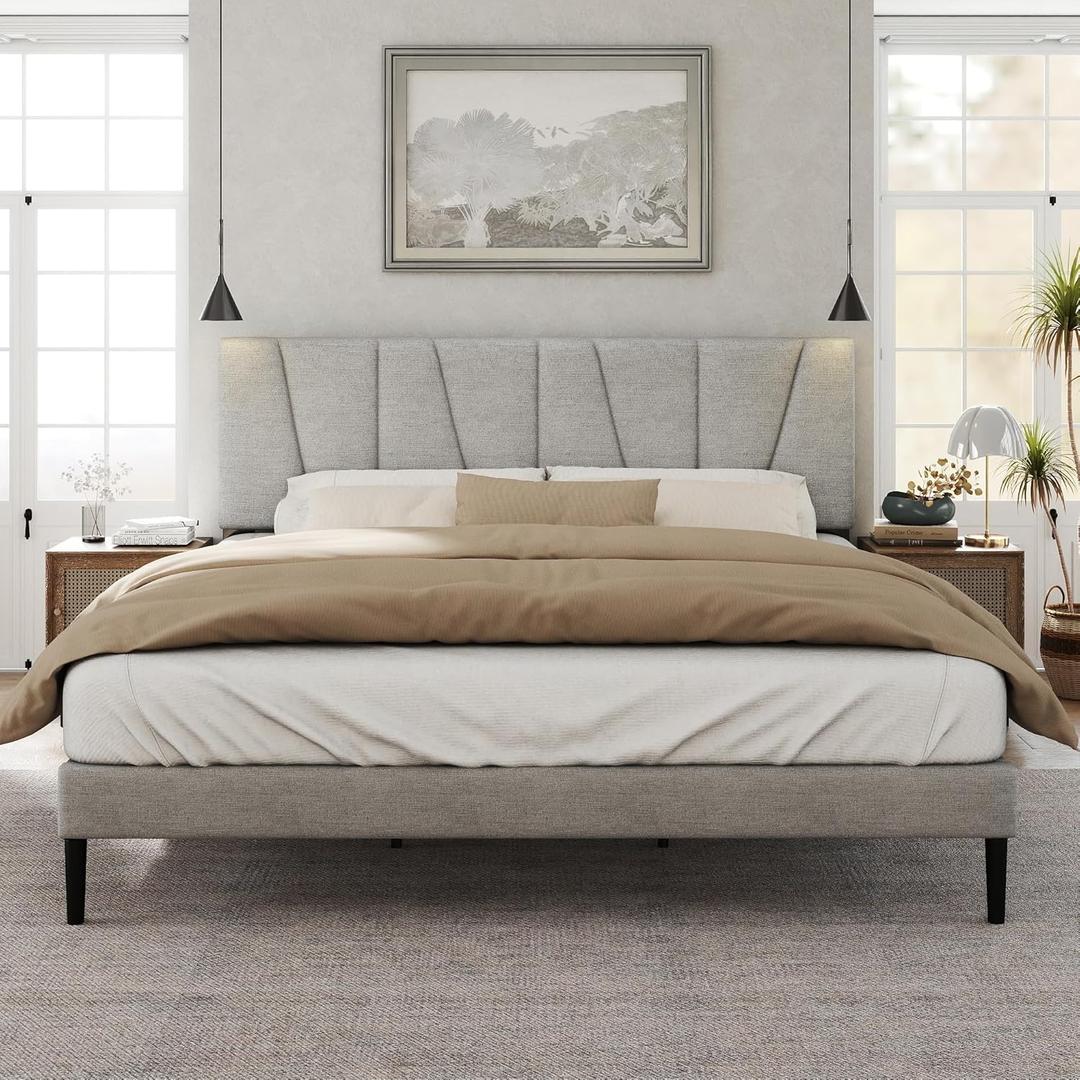 King Size Bed Frame with Fabric Upholstered Headboard, Platform Bed with Wooden Slats Support, Fully Mattress Foundation, Box Spring Optional, Easy Assembly (Light Grey)