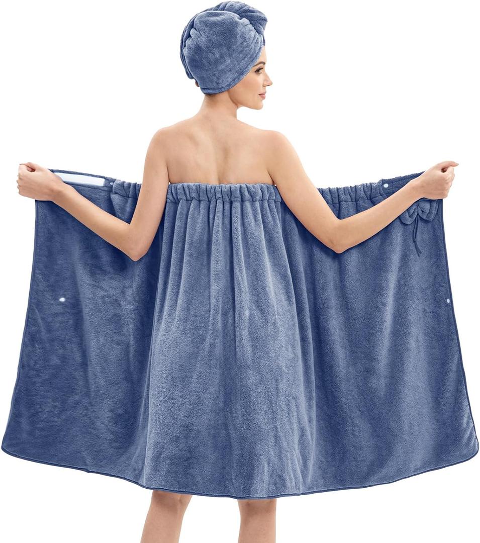 Bath Wrap Towels for Women – Adjustable Spa Shower Wrap with Super Absorbent Microfiber, Quick-Dry Body & Hair Towel Set for Home, Hotel, Beach, Pool, Gym, Travel – Blue