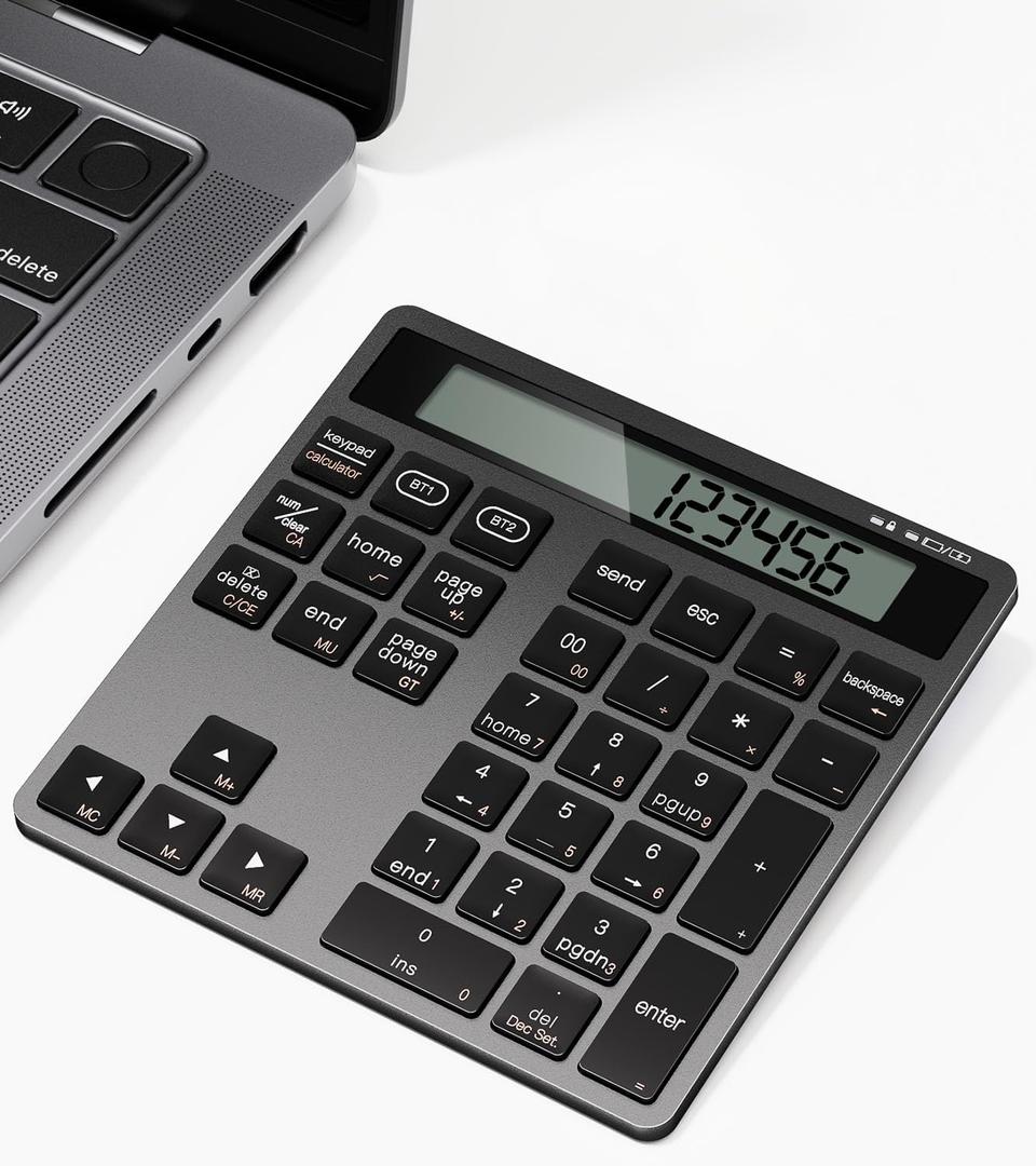 Number Pad for Laptop - Rechargeable Wireless Number Keypad 34 Keys with Dual Bluetooth, 2 in 1 Numeric Keypad Calculator with Display - Portable Slim Numpad for Windows, Mac, iMac, PC, Tablet