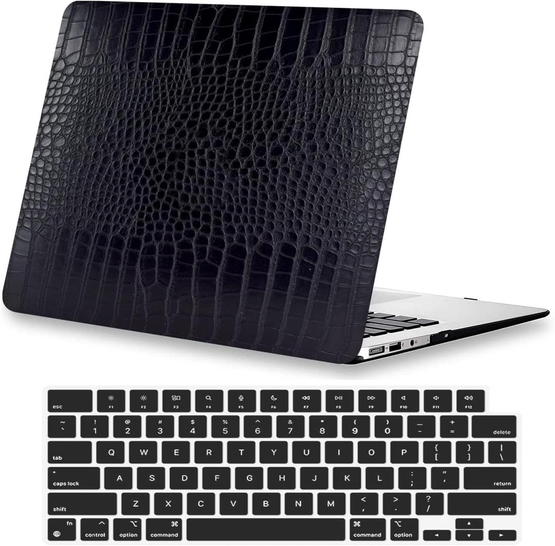 KEROM Compatible with Crocodile MacBook Air 13 inch Case 2026 2025 2024 2023 2022 M4 M3 M2 A3240 A3113 A2681, Textured Luxury Aligator Skin Snakeskin PU Leather Hardshell Case & Keyboard Cover, Black