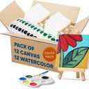 Mini Canvas and Easel Set with Watercolor Paint in Bulk Set of 12 - Kids Art Party Favors & Party Supplies - 4x4 Small Canvases for Painting with Easel - Water Colors Paint for Kids