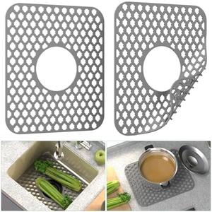 TOOVEM Kitchen Sink Mats, 2PCS Non-Slip Heat Resistant Silicone Sink Protector Mat, Folding Farmhouse Rear Drain Sink Mats, Center Drain, Grey