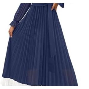 ZESICA Women's Spring Long Sleeve Chiffon Dress Casual Crew Neck Pleated A Line Flowy Midi Dresses with Belt, S