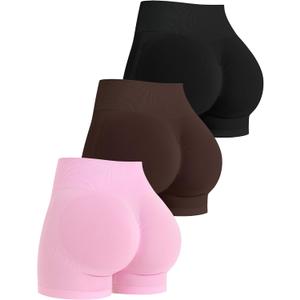 OLCHEE Womens Workout Shorts Seamless Scrunch Butt Lifting 3 Pack Yoga Gym Athletic High Waisted Tummy Control Booty 4.1" (Small, Style2: Black Brown Light Pink)