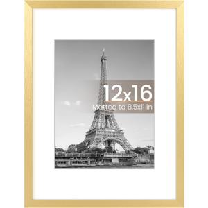 upsimples 12x16 Picture Frame, Display Pictures 8.5x11 with Mat or 12x16 Without Mat, Wall Hanging Photo Frame, Gold, 1 Pack