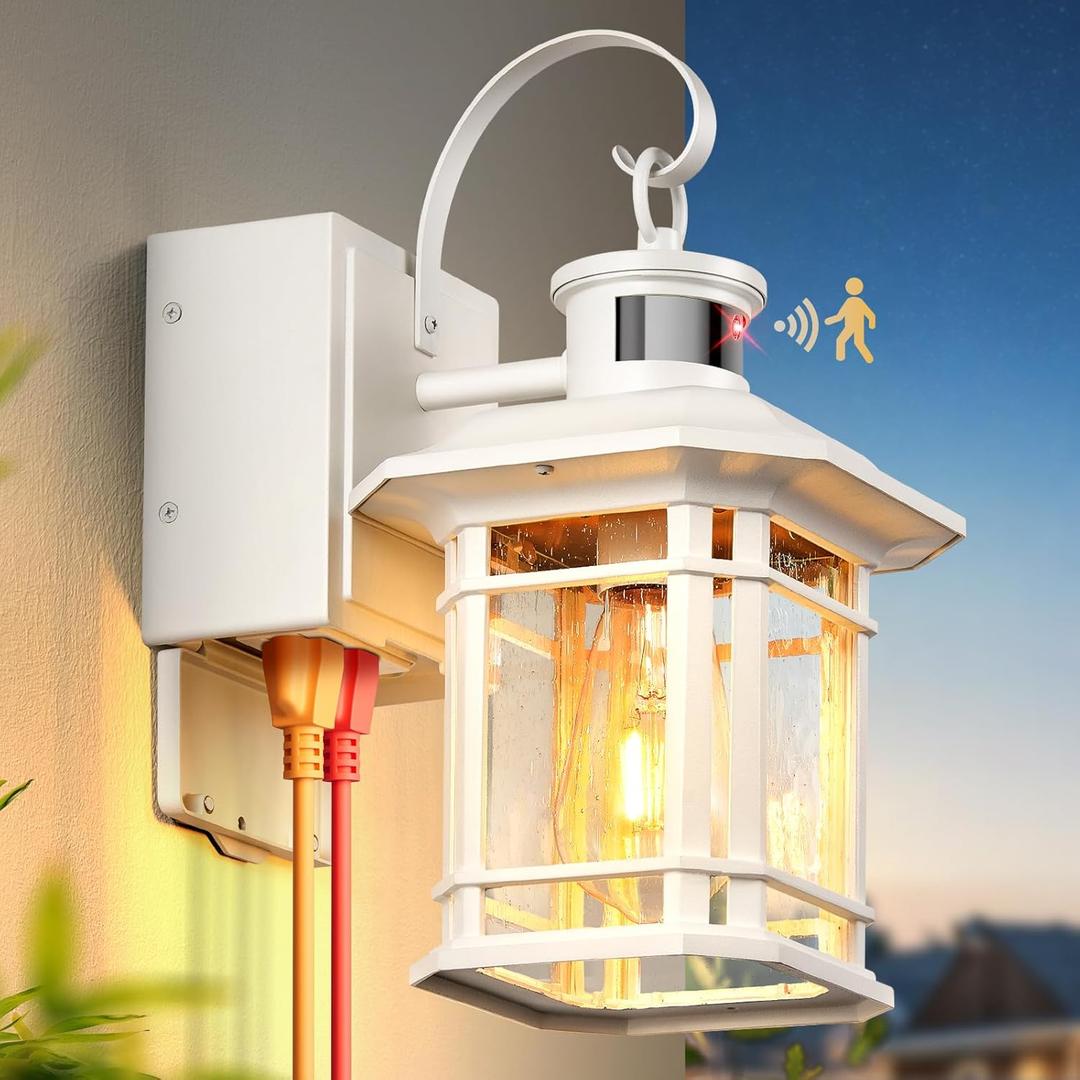 White Outside Lights for House with GFCI Outlet, 3 Modes Motion Sensor Porch Light with Outlet, Aluminum Dusk to Dawn Exterior Lighting Fixtures, for House, Porch, Garage