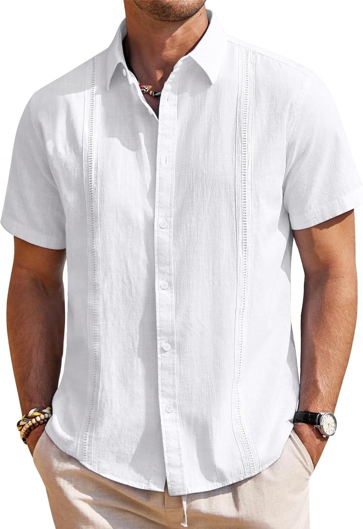 Mens Linen Shirts Short Sleeve Button Down Shirt Casual Cuban Guayabera Lightweight Summer Beach Solid Tops (White, L)