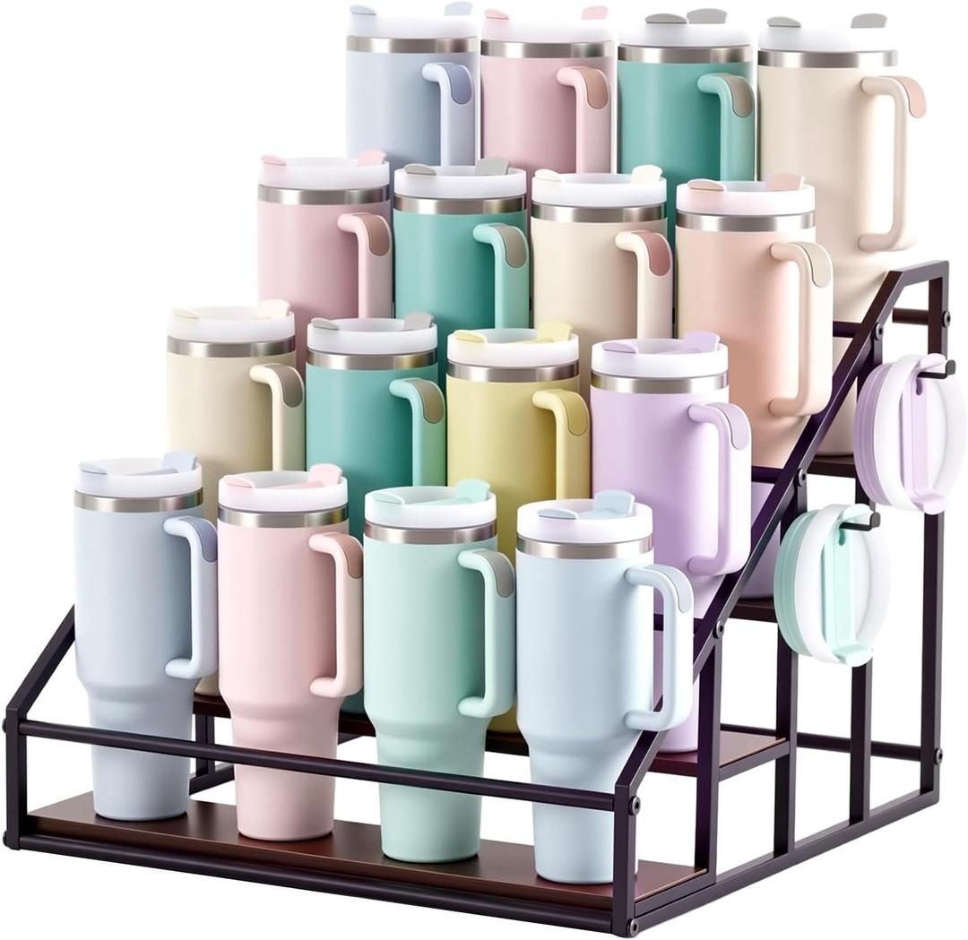 Nuanchu 4 Tier Water Bottle Organizer, 40 oz Large Handled Tumbler Organizer Holder for 16 Cups, Large Metal Cup Holder for Kitchen Cabinet Countertop Pantry, Bottle Storage Stand Gift for Family