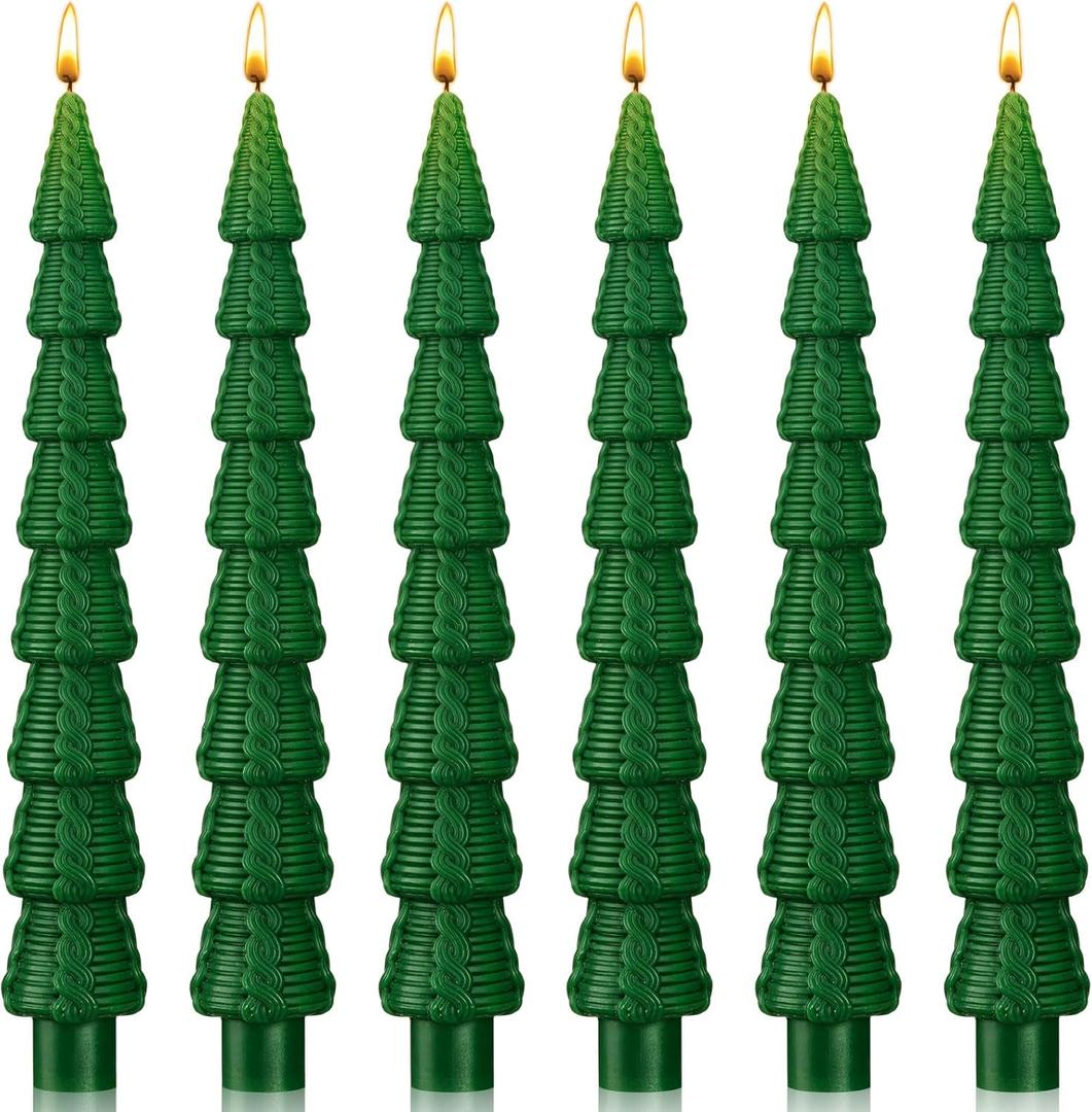 MTLEE Christmas Tree Shaped Taper Candles 10 Inch Unscented Christmas Tree Candles Decorative Aesthetic Xmas Relaxation Gifts for Centerpiece Decorations(Elegant,Green,6 Pcs)