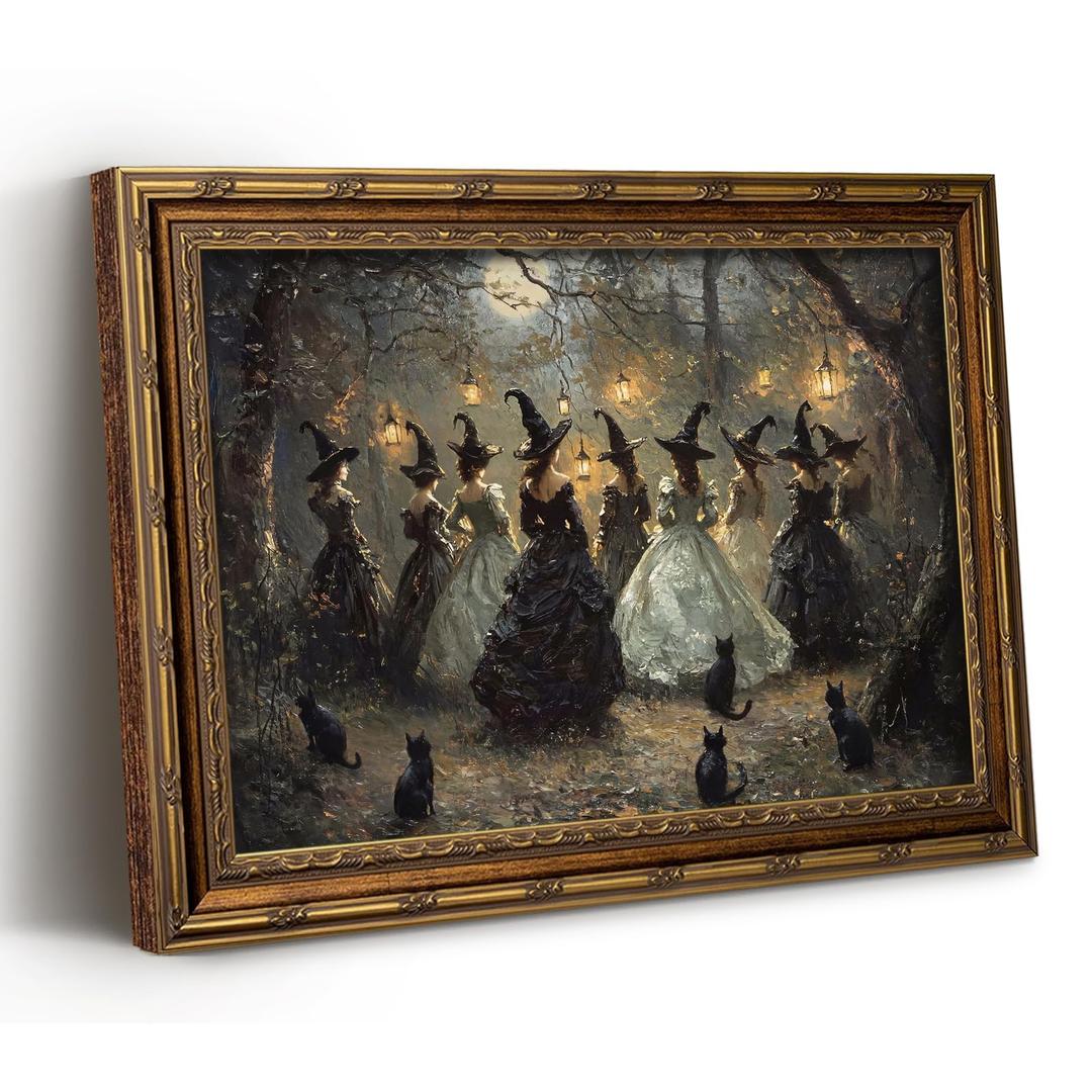 Vintage Gold Framed Halloween Wall Art, Witch Coven Pictures Wall Decor