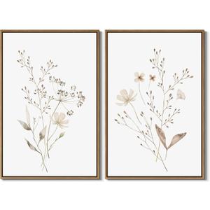 Boho Wall Art Set of 2 Watercolor Botanical Floral Picture Blossomy Wildflower Canvas Art Prints Minimalist Flower Wall Decor for Living Room Bedroom Bathroom Home Office Decoration, 16x24 Inch Framed