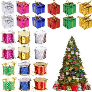 96 Pcs Christmas Shiny Mini Boxes Ornaments Metallic Foil Wrapped Gift Boutique Ornaments Assorted Colors Miniature Gift Boxes and Glitter Drum for Christmas Tree Holiday Party Hanging Decorations