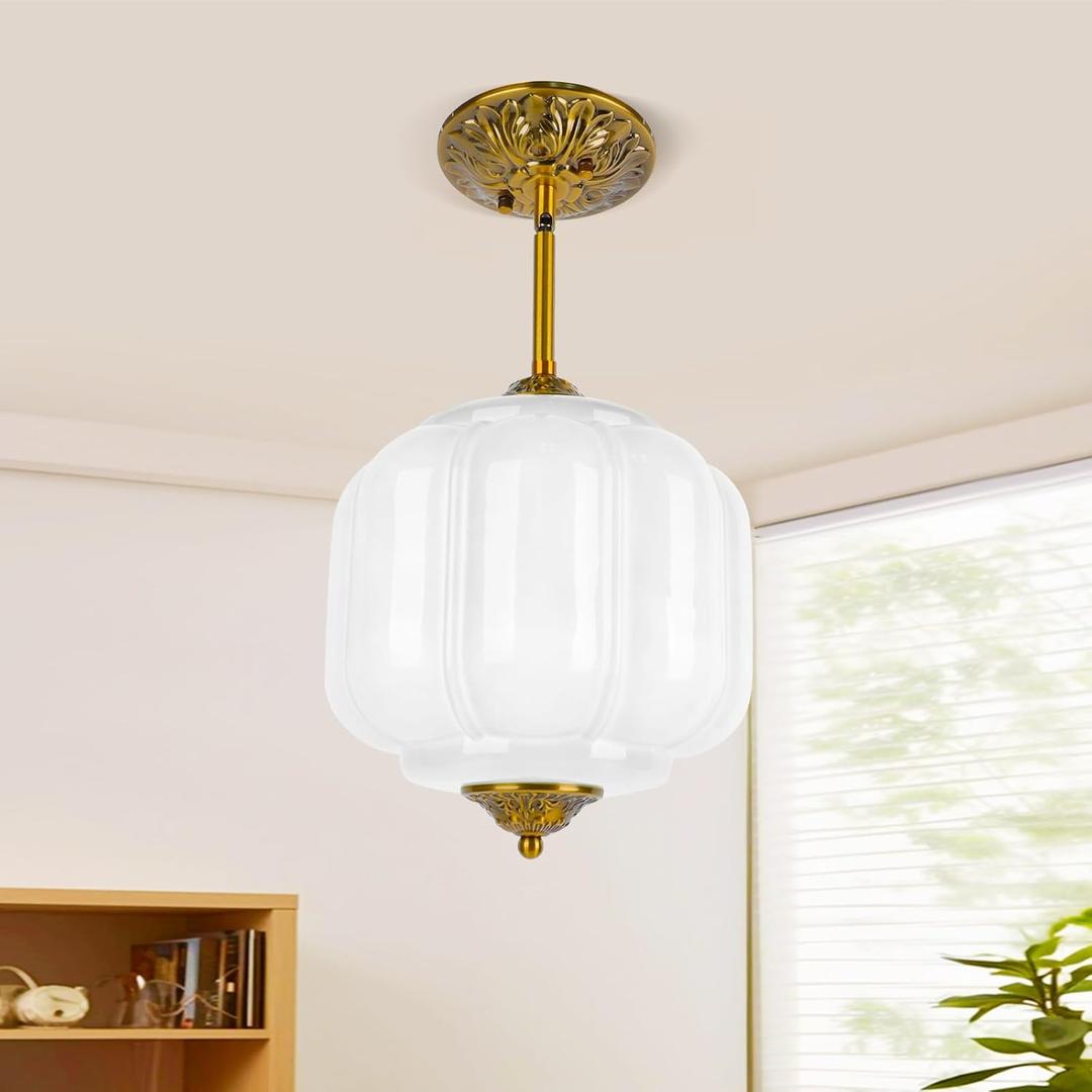 9in White Milk Glass Ceiling Light Fixture, LED Bulb Included, Vintage Semi Flush Mount Pendant Light Antique Brass Mid Century Art Deco Chandelier for Kitchen Dining Room Hallway Bedroom