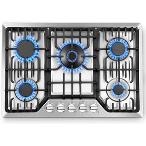 Amzgachfktch Gas Cooktop 30 Inch with 5 Italy SABAF Powerful Burners, Max 48,300 BTU/hr Gas Stove Top, Built-in 304 Stainless Steel Propane Stove, NG/LPG Convertible, CSA Certified, 30 inch no griddle