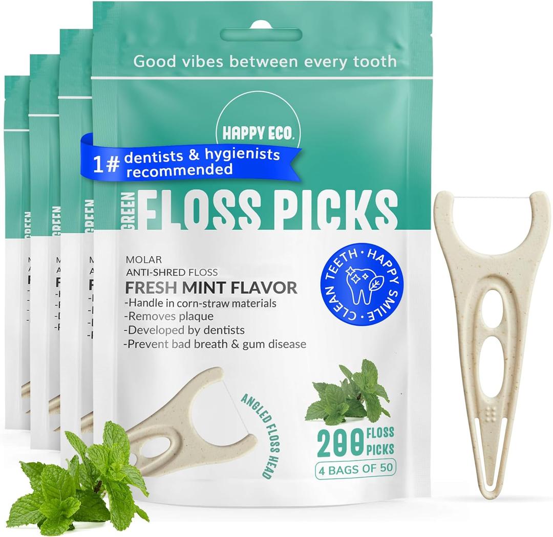 Dental Floss Picks (200pcs) - Flossers for Adults, Vegan Corn-Straw Grip Handle, Superior Oral Care & Anti-Shred Thread, Dental Hygiene, Tooth Pick Sticks, Teeth & Gum Health (Mint, Single Thread) (50 Count (Pack of 4))