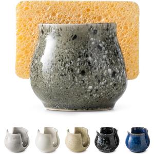 Ceramic Sponge Holder, Kitchen Sponge Holder Sink Caddy Organizer Dish Rack for Kitchen Sink Suction, Bathroom, Brush, Special Gray (Barrel-type)