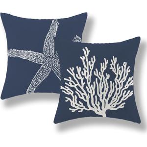 Blue Starfish Pillow Covers 24x24 Inch Set of 2, Nautical Ocean Coastal blue Coral Throw Pillows Spring Summer Decorations Linen Pillowcase Outdoor Decor Farmhouse Cushion Case for Home Holiday