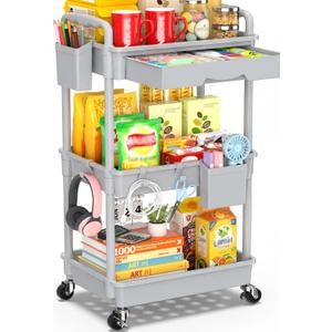 SUNALLY 3 Tier Rolling Cart with Drawer, Bathroom Storage Organizer with 2 Lockable Wheels, Multifunctional Rolling Storage Cart for Bathroom, Kitchen, Office, Craft, Makeup, Baby Essentials, Gray