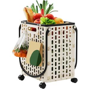 Lightweight Foldable Shopping Cart with 360° Swivel Wheels, 34L Large Capacity Portable Utility Cart with Hooks for Laundry and Grocery Bags for Home, Supermarket, and Travel