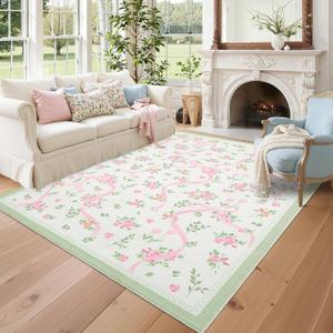 GarveeHome Coquette Pink and Green Rugs for Bedroom Girls, 8x10 Area Rugs for Living Room with Soft Low Pile, Non Slip Floral Bow Washable Rug 8x10 for Nursery Kids Dorm Dining Room Playroom
