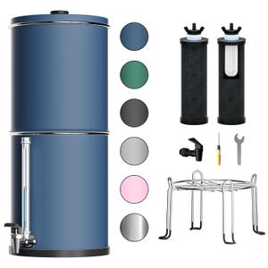 Purewell 3-Stage 0.01m Ultra-Filtration Gravity Water Filter System, 304 Stainless Steel Countertop System with 2 Filters, Metal Water Level Spigot and Stand, Reduce 99% Chlorine, 2.25G, PW-OB-K (Blue)