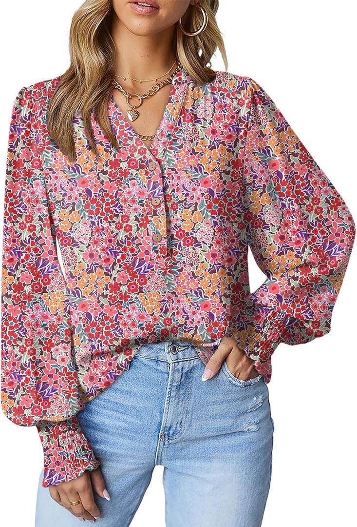 3 x Dokotoo Women's Casual V Neck Easel Floral Print Long Sleeve Blouses Smocked Button Down Shirts Bohemian Top (XXL)