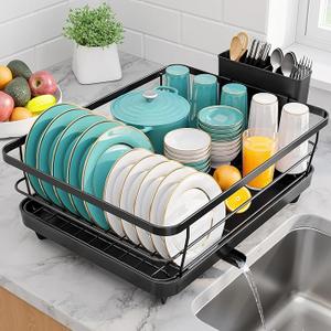 Stainless Steel Dish Drying Rack for Kitchen Counter, Sink Organization and Storage Essentials with Silverware & Utensil Holder, Home and Apartment Decor, 12''W x 15.5''L, Black 