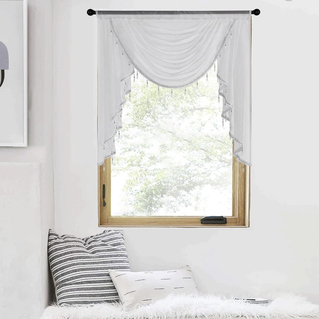 NICETOWN Swag Valances for Kitchen Window, Home Decoration Waterfall Curtain Valances for Short Window, Sheer Curtains with Beaded Tassel for Living Room/Baby Nursery, 1 PC, 39" Wide, Light Grey