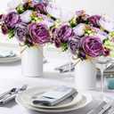 Solsew 3 Sets Artificial Peonies Flower Peony Bouquet with Galvanized Metal Pot Silk Fake Peonies Faux Flower Arrangements for Wedding Table Centerpiece Party Home Room (Purple)