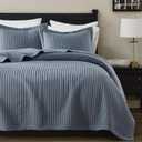 WDCOZY Dusty Blue King Size Quilt Set, Striped Pick Stitch Lightweight Bedspread, Soft Channel Farmhouse Rustic Coverlet, Spring Summer Thin Comforter, Country Bedding, 104x90 inches