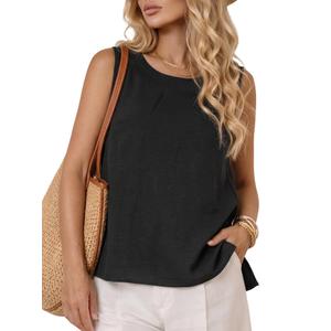 LYANER Women's Round Neck Sleeveless Side Split High Low Hem Weekend Casual Tank Tops Black X-Large (Black, XL)