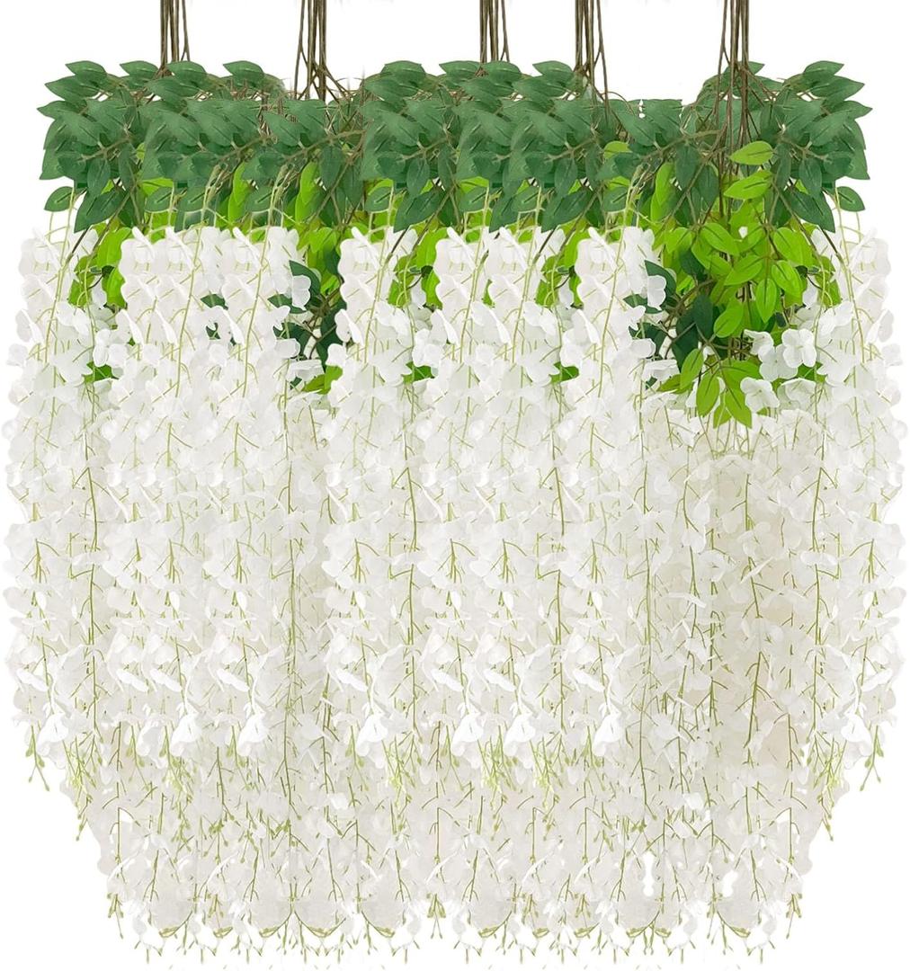 24 Pack White Wisteria Hanging Flowers Garland, 3.77 Feet Artificial Flower Vines, Fake Wisteria, Artificial Vines Hanging Garland for Backdrop Outdoor Yard Garden Decor