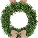Suncalla 19 inch Easter Bunny Wreath for Front Door Artificial Bunny Wreath with Bow Faux Boxwood Bush Plants Rabbit Spring Door Wreaths for Home Indoor Outdoor Window Wall Party Decor