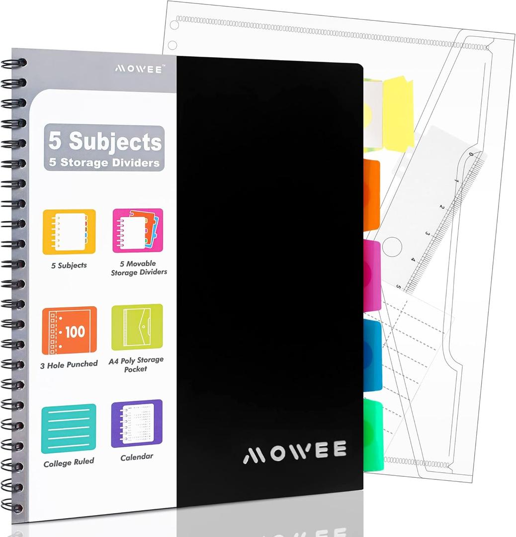 Spiral Notebook - 5 Subject Notebook, College Ruled Notebook 3-Hole Punched With Dividers, Storage Pockets, 11" Ruler, 200 Pages, for Writing Journal, Home &Office, School SuppliesBlack
