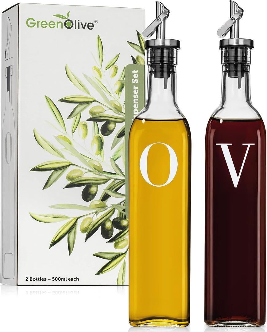 GREENOLIVE Olive Oil and Vinegar Dispenser Set - 17 oz. Glass Bottles with No-Drip BPA-Free Spouts - Stylish O and V Identifiers for Kitchen and Dining Use - Set of 2 (White)