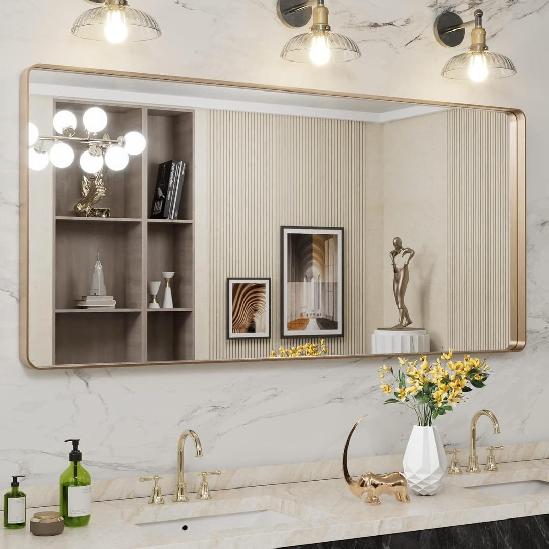 LOAAO 60X28 Gold Bathroom Mirror, Rounded Rectangle Gold Frame Mirror, Brushed Gold Bathroom Vanity Mirror Wall-Mounted, Anti-Rust, Tempered Glass, Hangs Horizontally or Vertically