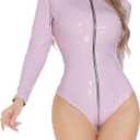 AUBIG Women Catsuit Leather Bodysuit Zipper Sexy Teddy Wet Look Club Costume Jumpsuit for Party (Size Large, Purple)