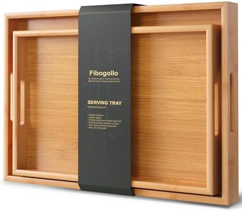 Fibogollo Bamboo Set of 2 Serving Tray with Handles,Decorative Trays Platter,Breakfast Tray in Bed,Food Drinks Tray for Eating,Working,Storing(Natural)