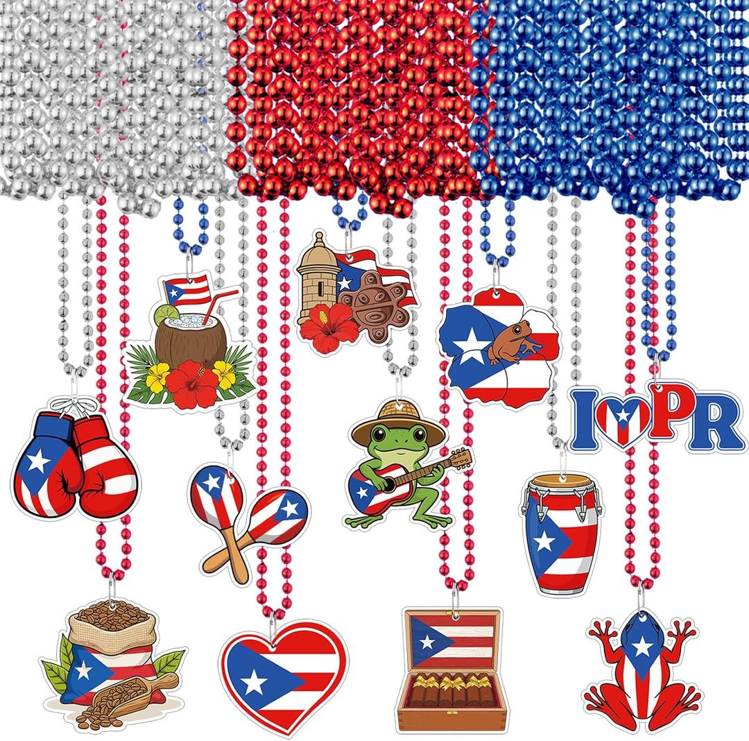 Kenning 48 Sets Puerto Rico Beaded Necklaces 12 Styles Cards Puerto Rico Charms Souvenirs Gifts Pr Flag Party Favors Necklaces Bulk for Pr Patriotic Anniversary National Day Decorations