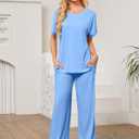 Womens 2 Piece Outfits Shorts Sleeve Tops Wide Leg Pants Casual Trendy Lounge Matching Set 2025 (Blue, XL)