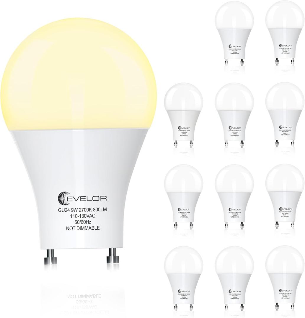 evelor GU24 LED Light Bulb,60 Watt Equivalent Soft White 2700K,Non-Dimmable,Efficient 9W,800 Lumens Twist and Lock 2 Prong Light Bulbs,15000 Hours,Ideal for Kitchen,Living Room,Bedroom,12-Packs